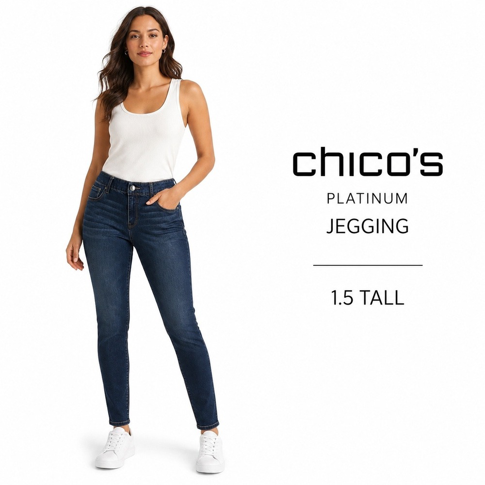 Chico's Platinum Jegging Womens 1.5 Sz 10 Tall Dark Wash Skinny Stretch Preppy